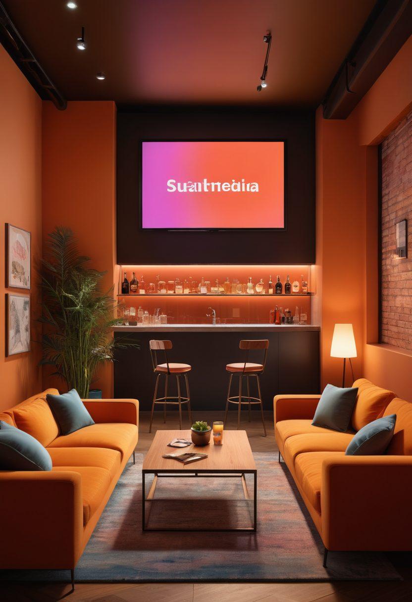 A vibrant and inviting scene depicting a cozy urban lounge with two people engaged in a friendly conversation, surrounded by soft lighting and warm colors. In the background, elements representing both virtual and real-world connection, like social media icons blending into real-life touches such as cocktail glasses. A subtle blend of digital screens and comfy furniture to evoke a casual atmosphere. super-realistic. vibrant colors. cozy ambiance.