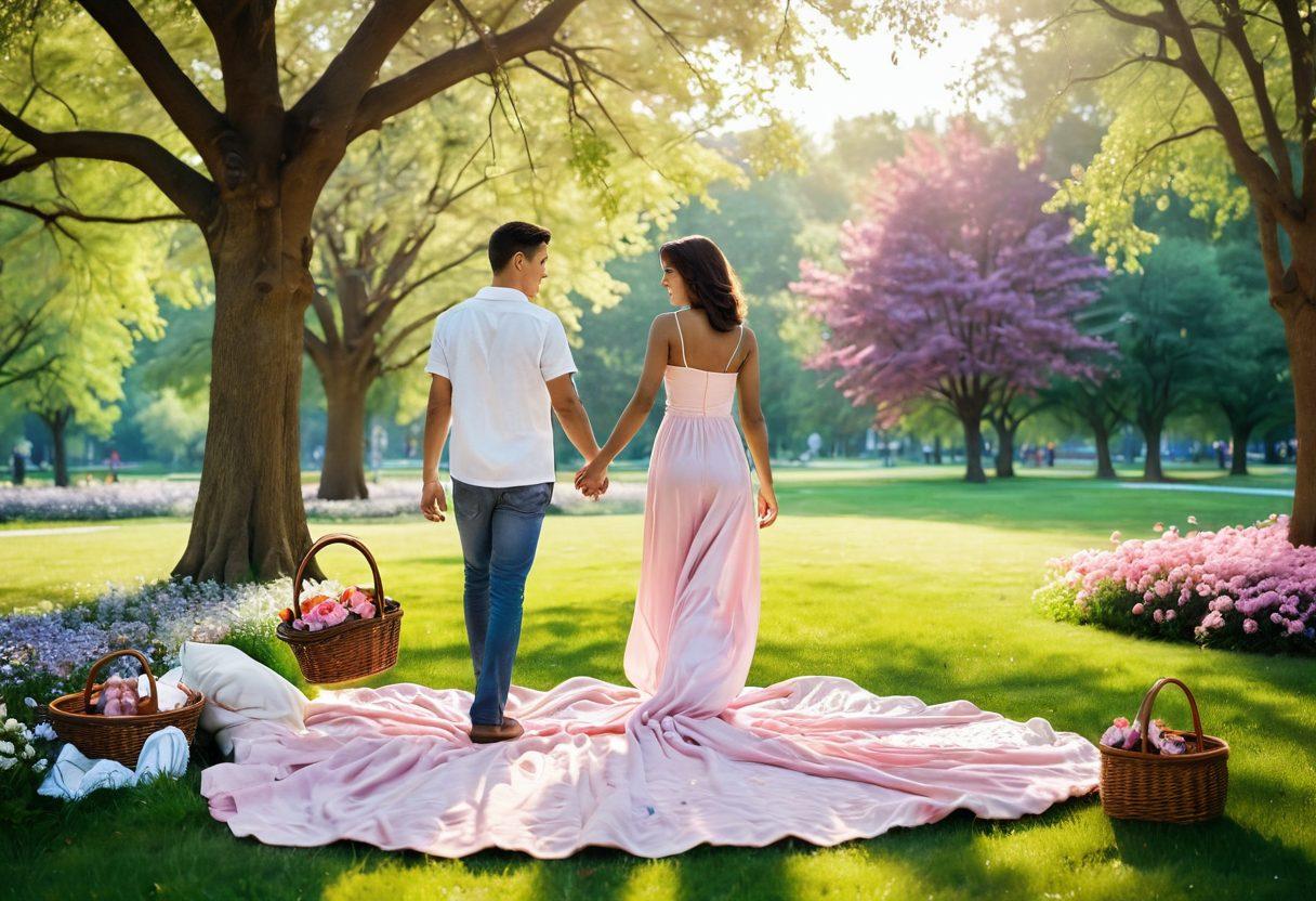 A heartfelt scene featuring a diverse couple walking hand in hand through a sunlit park, surrounded by blooming flowers and lively trees. In the background, a romantic picnic setup with soft blankets and a basket. Include dreamy, whimsical elements like heart-shaped clouds in the sky, symbolizing love and connection. Colors should be warm and inviting, evoking a sense of joy and romance. super-realistic. vibrant colors. soft focus.