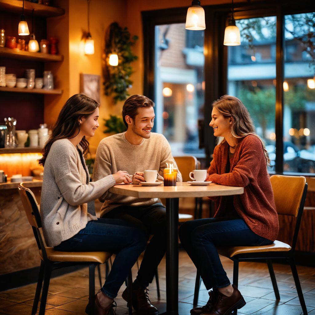 A vibrant scene depicting two people sharing an intimate moment in a cozy cafe, with soft lighting and warm colors creating an inviting atmosphere. Subtle elements like a flickering candle and a small table filled with coffee cups enhance the connection between them. Soft focus on the background with abstract shapes to symbolize openness and authenticity. romantic style. vibrant colors. soft bokeh.